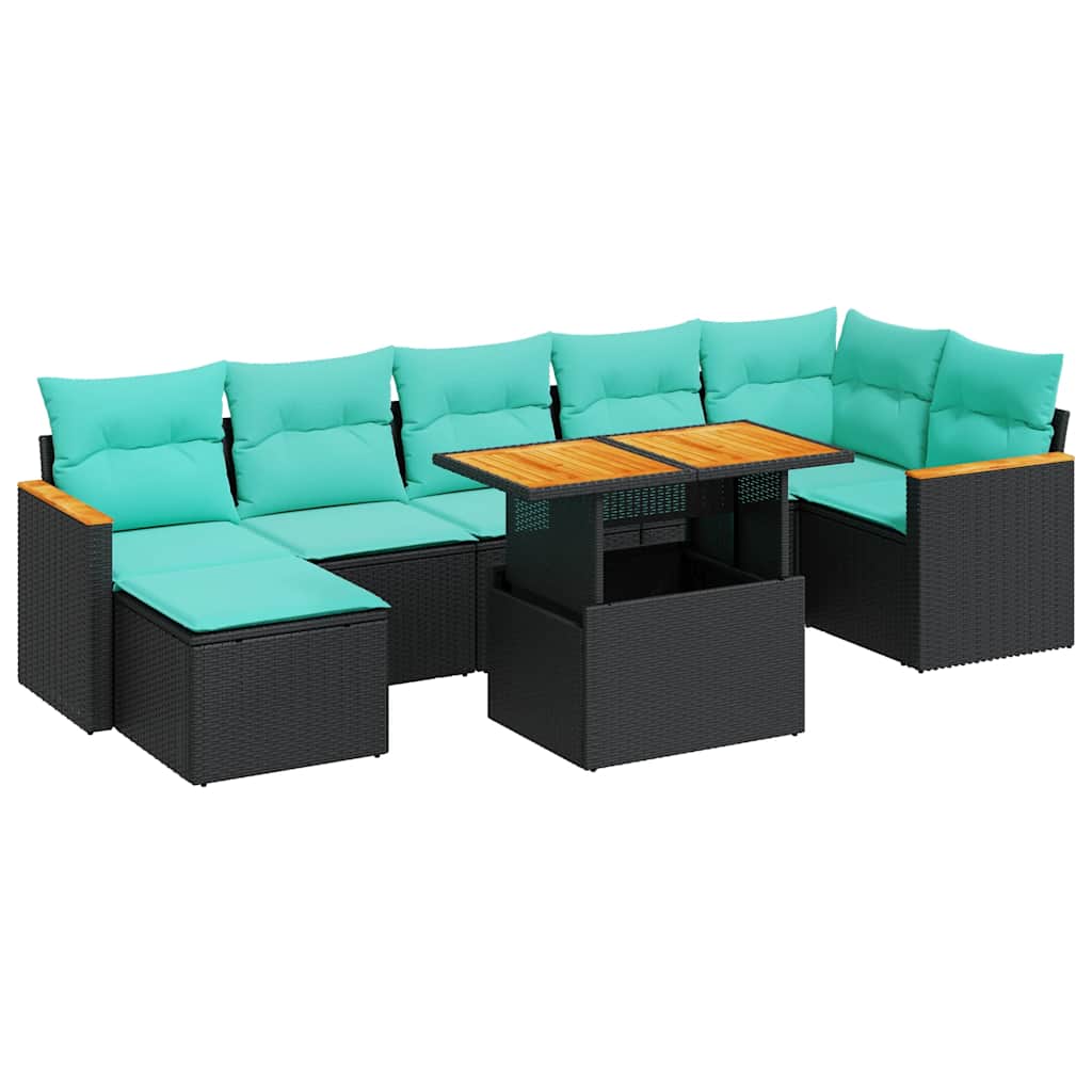 7 Piece Patio Sofa Set with Cushions Black Poly Rattan Acacia