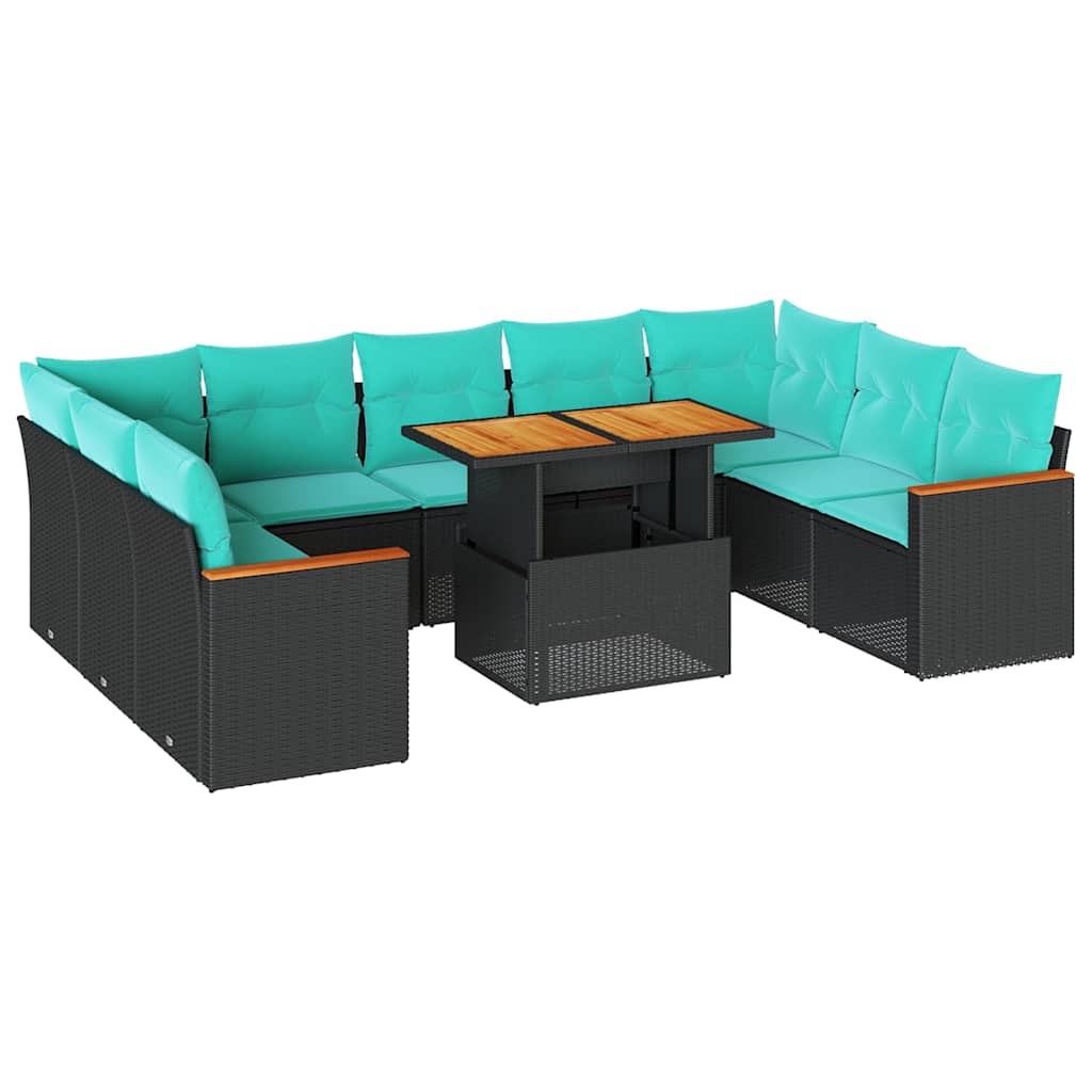 10 Piece Patio Sofa Set with Cushions Black Poly Rattan