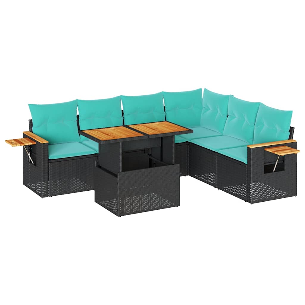 7 Piece Patio Sofa Set with Cushions Black Poly Rattan Acacia