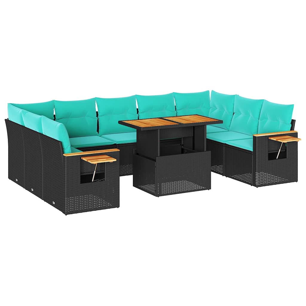 10 Piece Patio Sofa Set with Cushions Black Poly Rattan Acacia