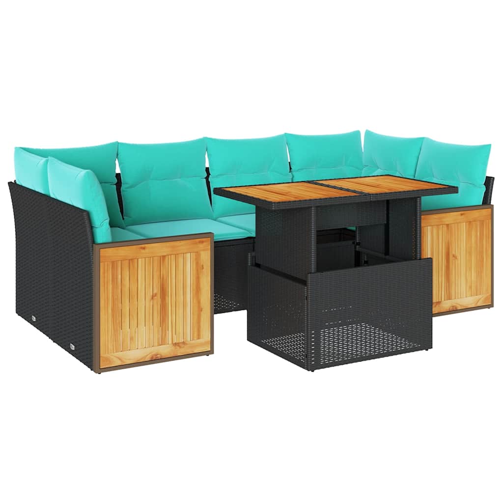 7 Piece Patio Sofa Set with Cushions Black Poly Rattan Acacia