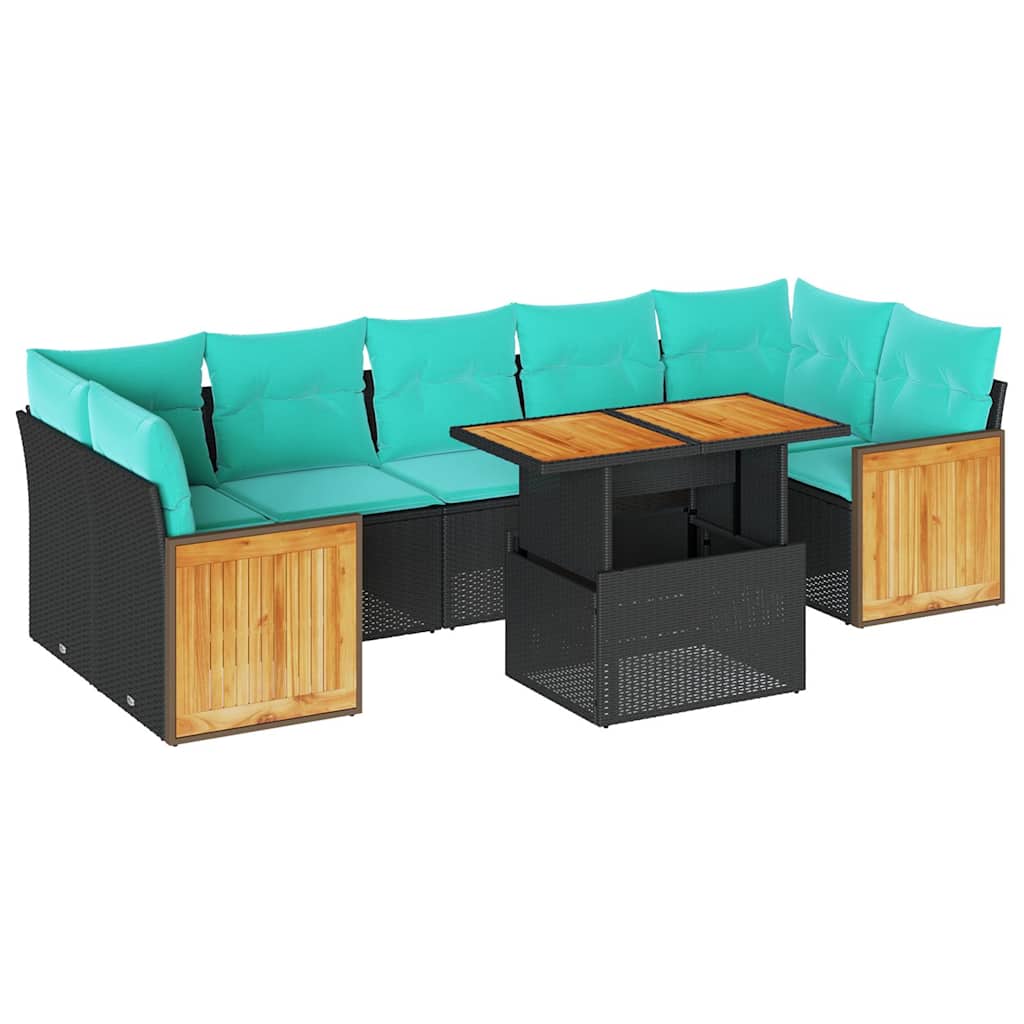 10 Piece Patio Sofa Set with Cushions Black Poly Rattan Acacia