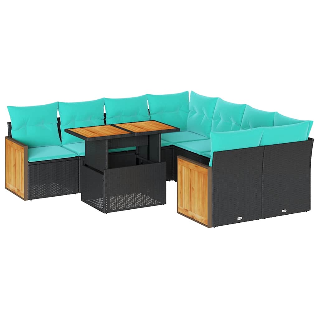 9 Piece Patio Sofa Set with Cushions Black Poly Rattan Acacia