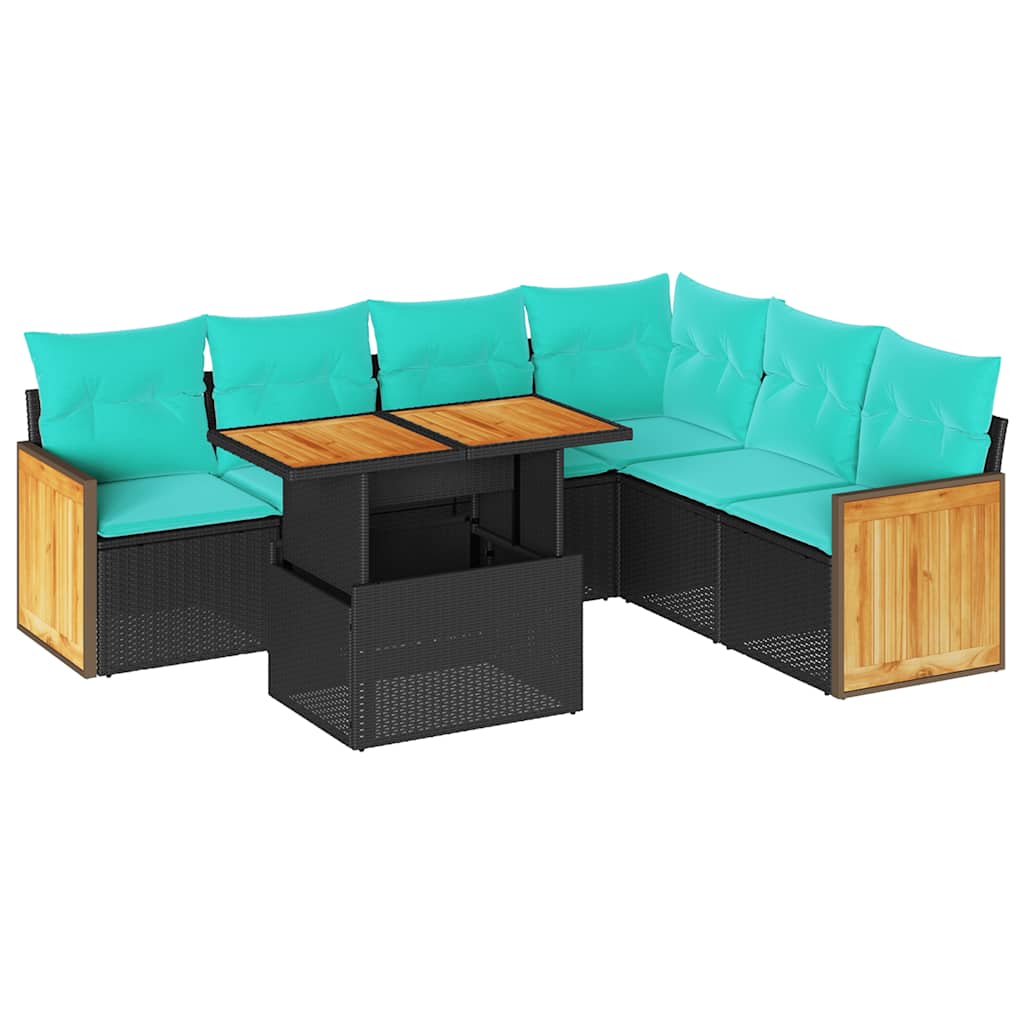 7 Piece Patio Sofa Set with Cushions Black Poly Rattan Acacia
