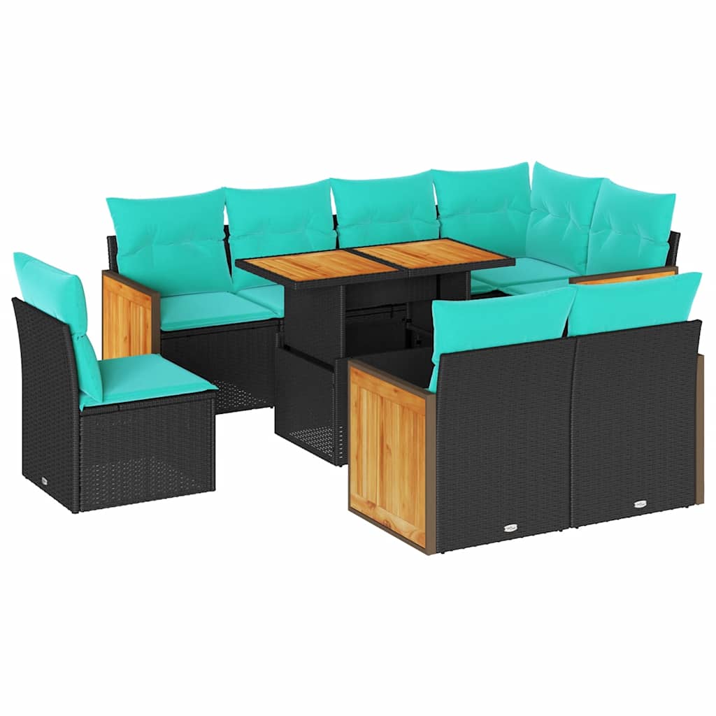 9 Piece Patio Sofa Set with Cushions Black Poly Rattan Acacia