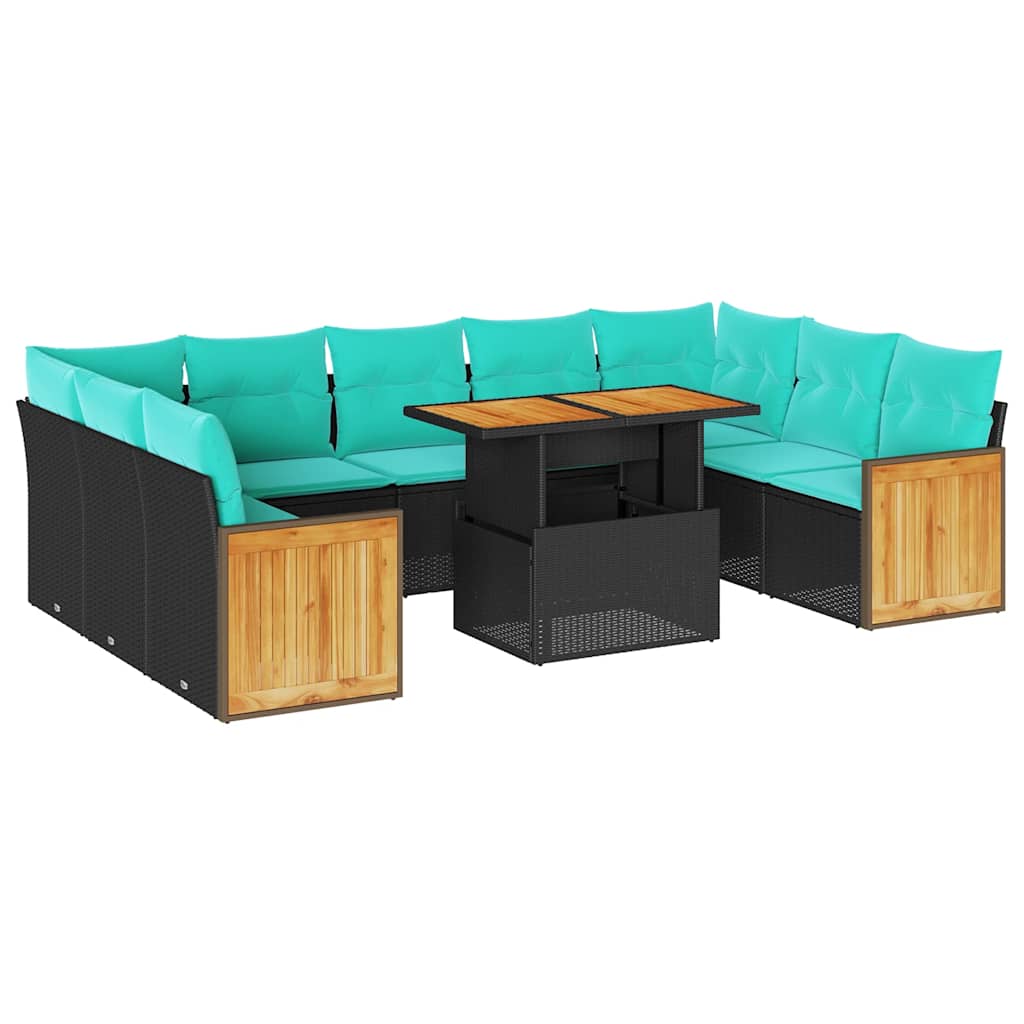 10 Piece Patio Sofa Set with Cushions Black Poly Rattan Acacia