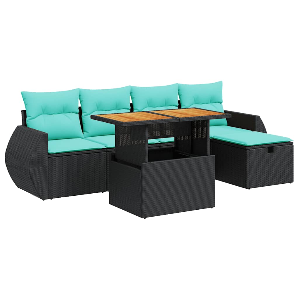6 Piece Patio Sofa Set with Cushions Brown Poly Rattan Acacia