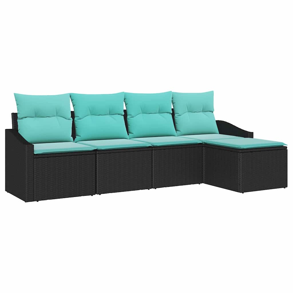 Sofa Set with Cushion 5 pcs Black and Turquoise Poly Rattan